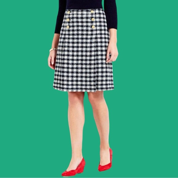 Talbots Dresses & Skirts - NWT Talbots Black & White Houndstooth Tweed Pleated Midi Skirt Gold Buttons 16P